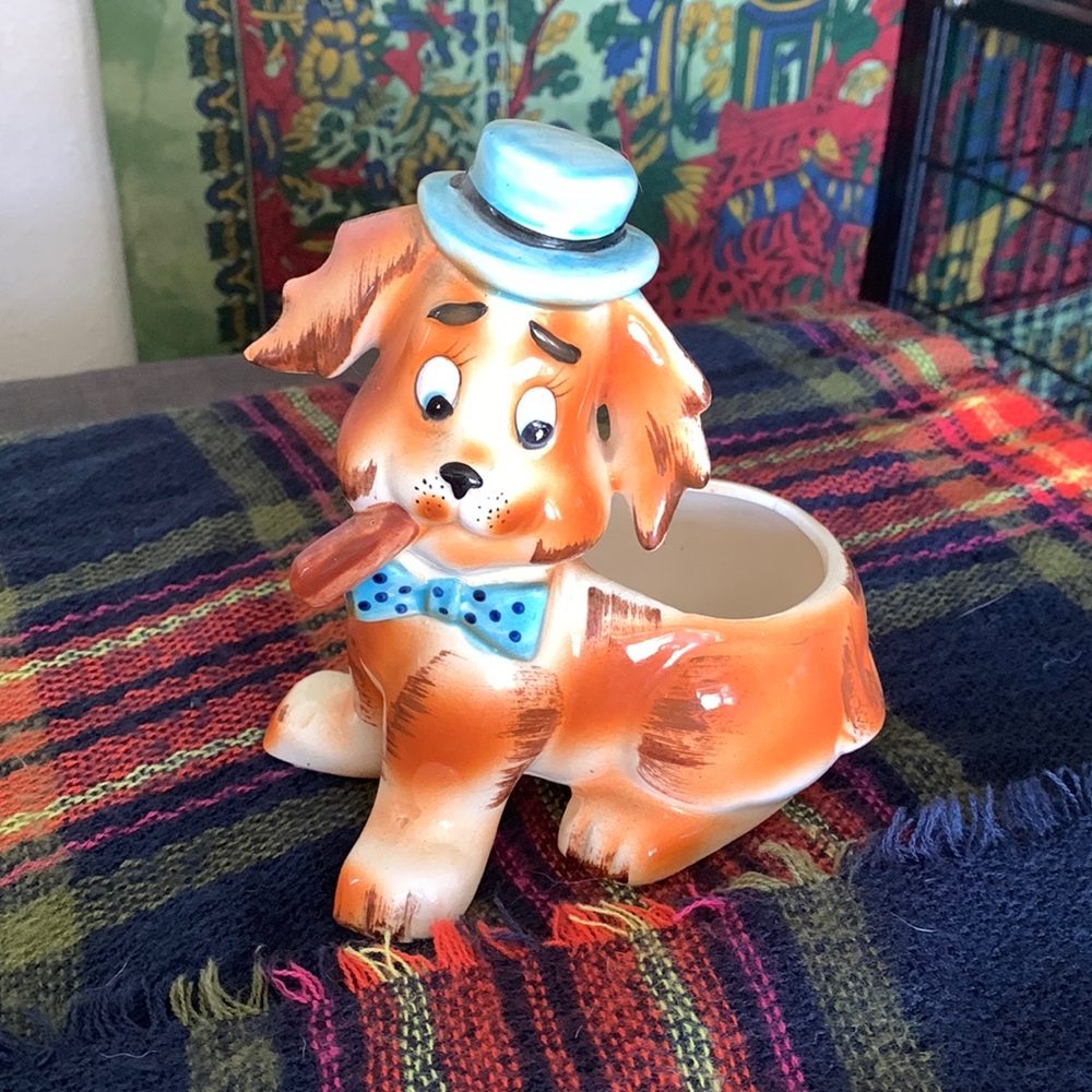 Vintage Puppy Dog Ceramic Pottery Planter Plant Pot 1950's Original Mid Century